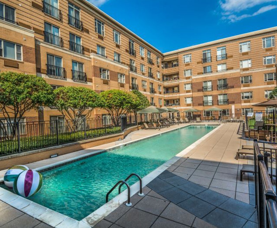 a pool in a courtyard