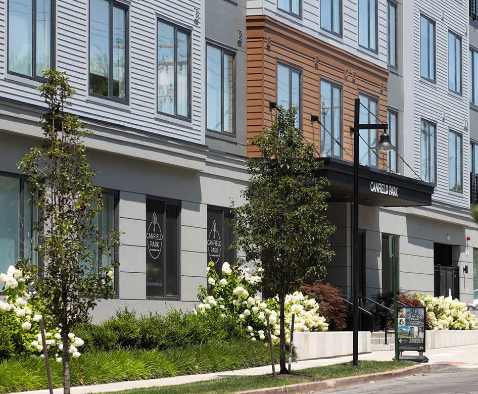 the front of a building at street level