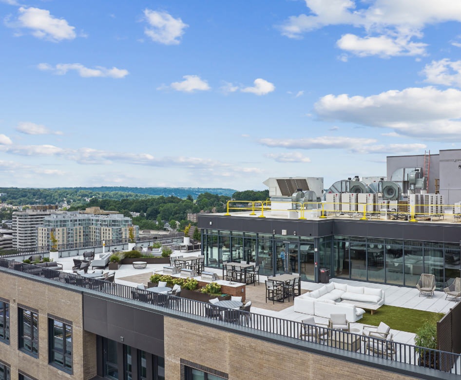 aerial view of rooftop patio